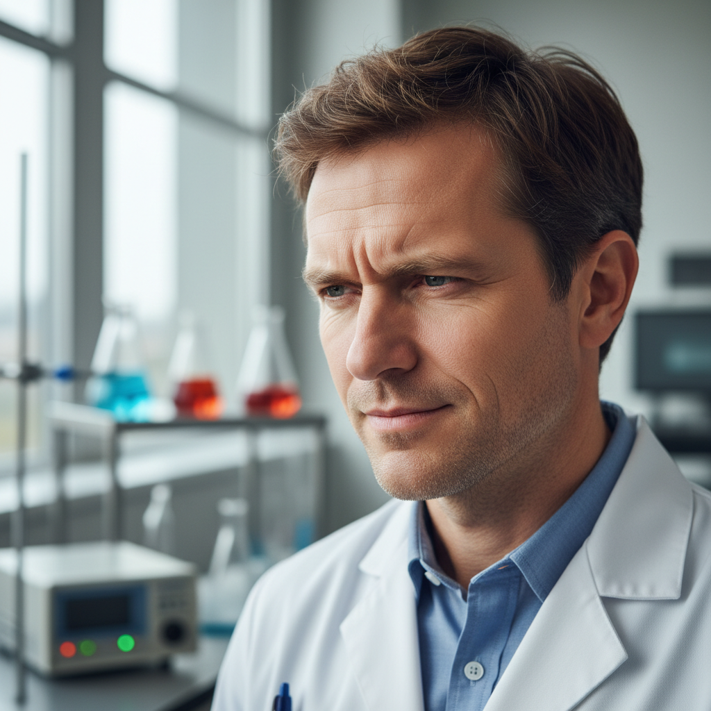 Male professor in white coat, confident professional expression, laboratory background