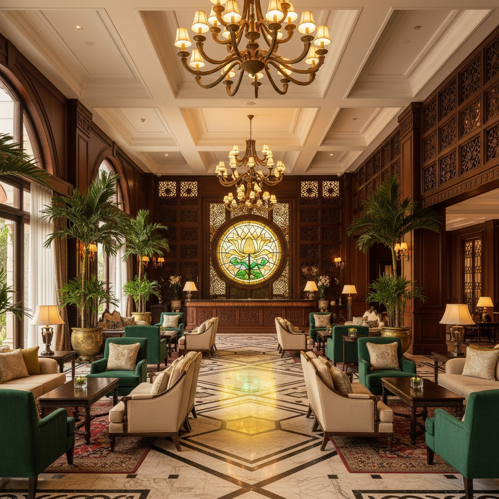 Lobby khách sạn Hoàng Vy trang nhã với ánh sáng tự nhiên và nội thất ấm áp