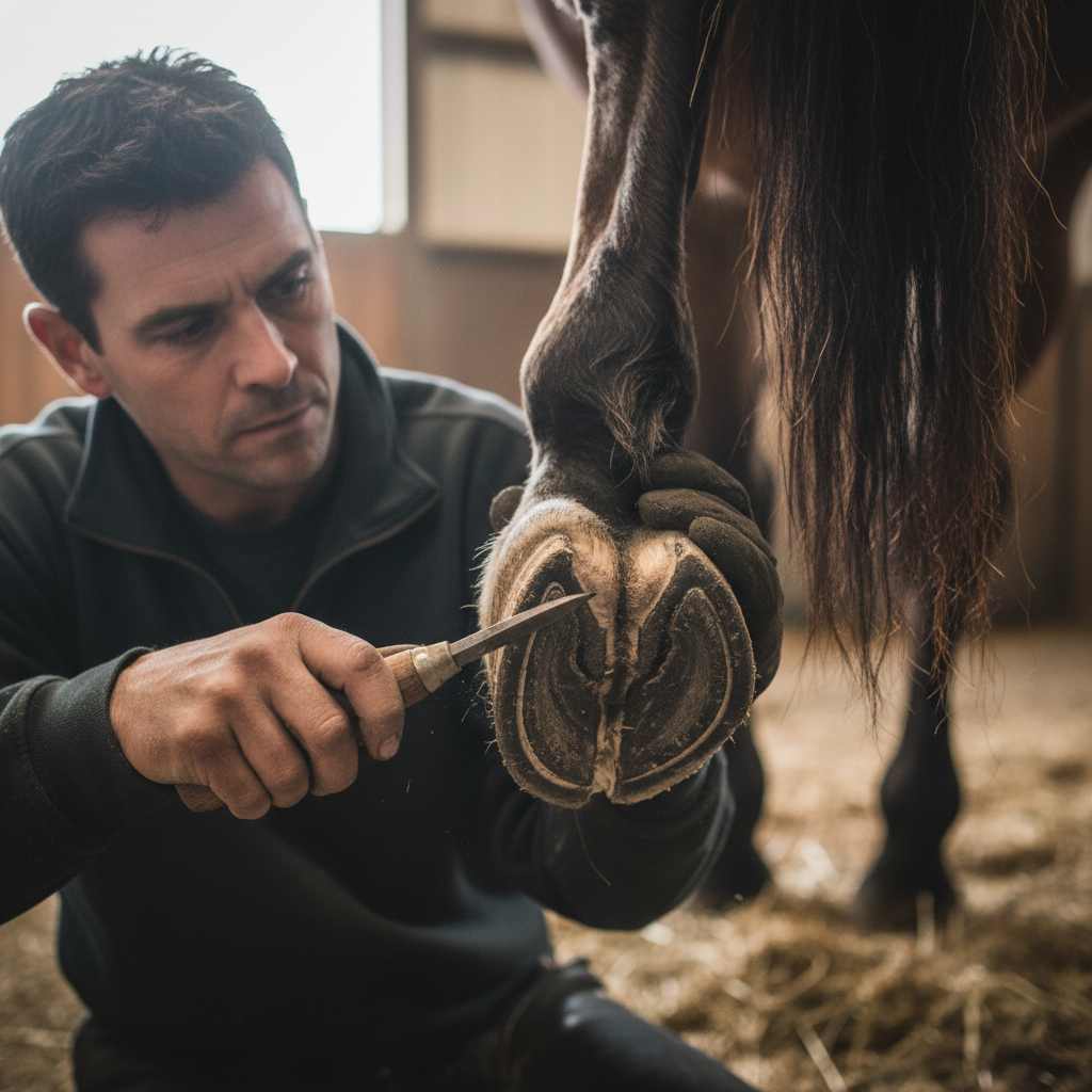 Farrier carefully applying therapeutic horseshoe pad, bright clean workspace, focused detail work