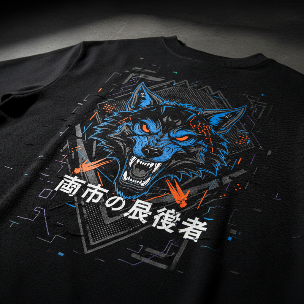 Close-up of a streetwear graphic tee with bold dark design on a dim lit surface