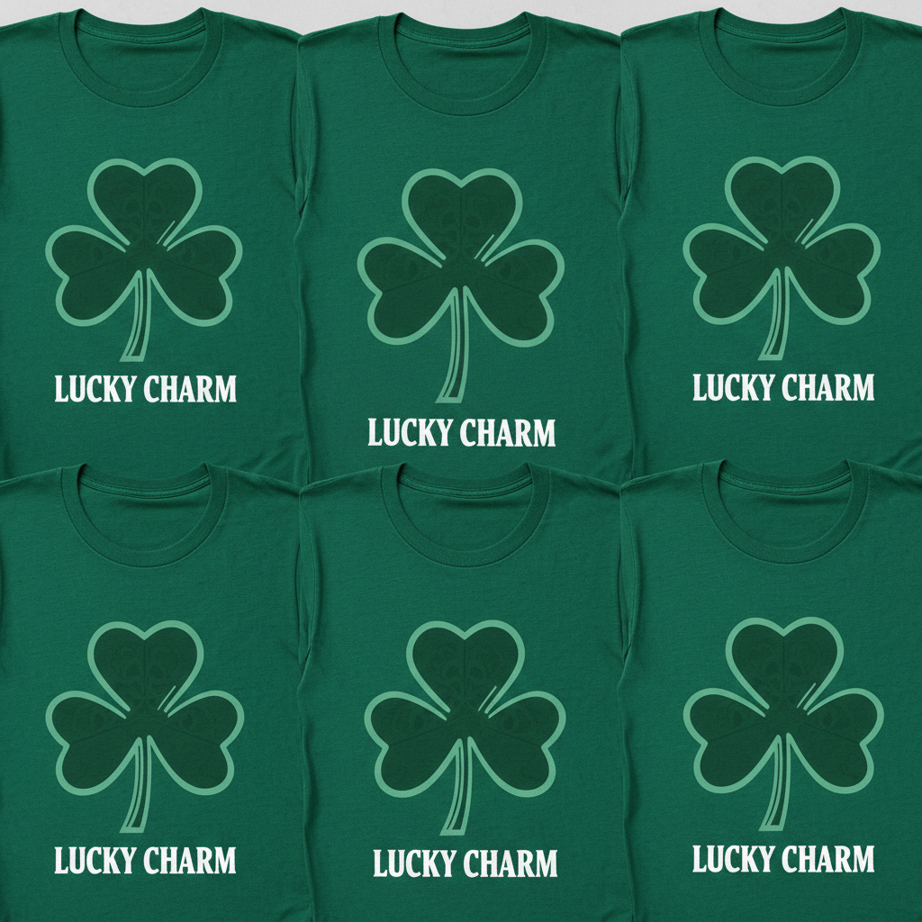 Six matching green St. Patrick's Day t-shirts laid flat showing shamrock design