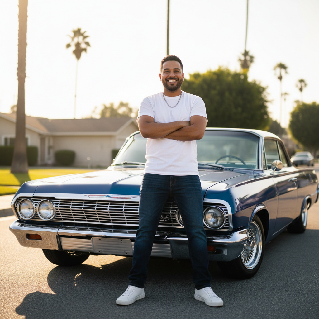 Marcus Webb, lowrider owner from Houston, smiling in front of his 1964 Impala