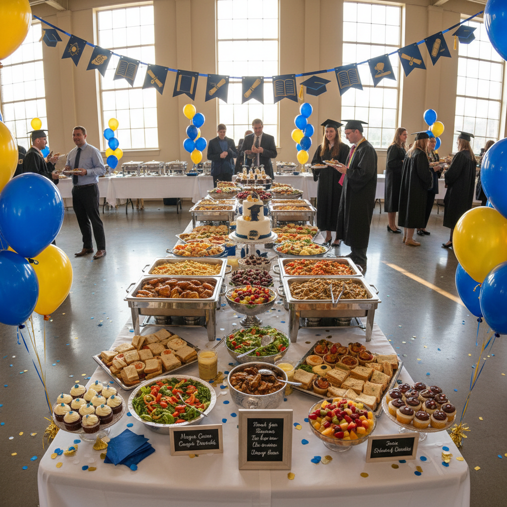 Joyful graduation celebration with colorful food spread and festive decorations in bright event venue