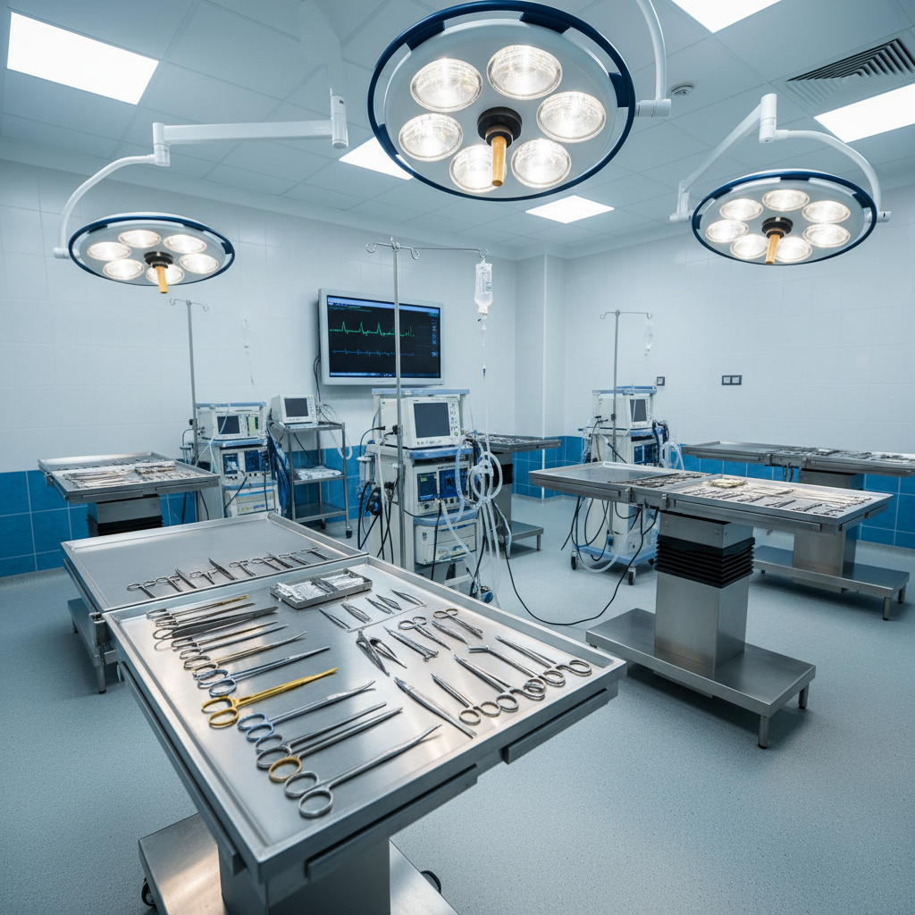 Veterinary surgical suite with stainless steel equipment under bright halogen lights