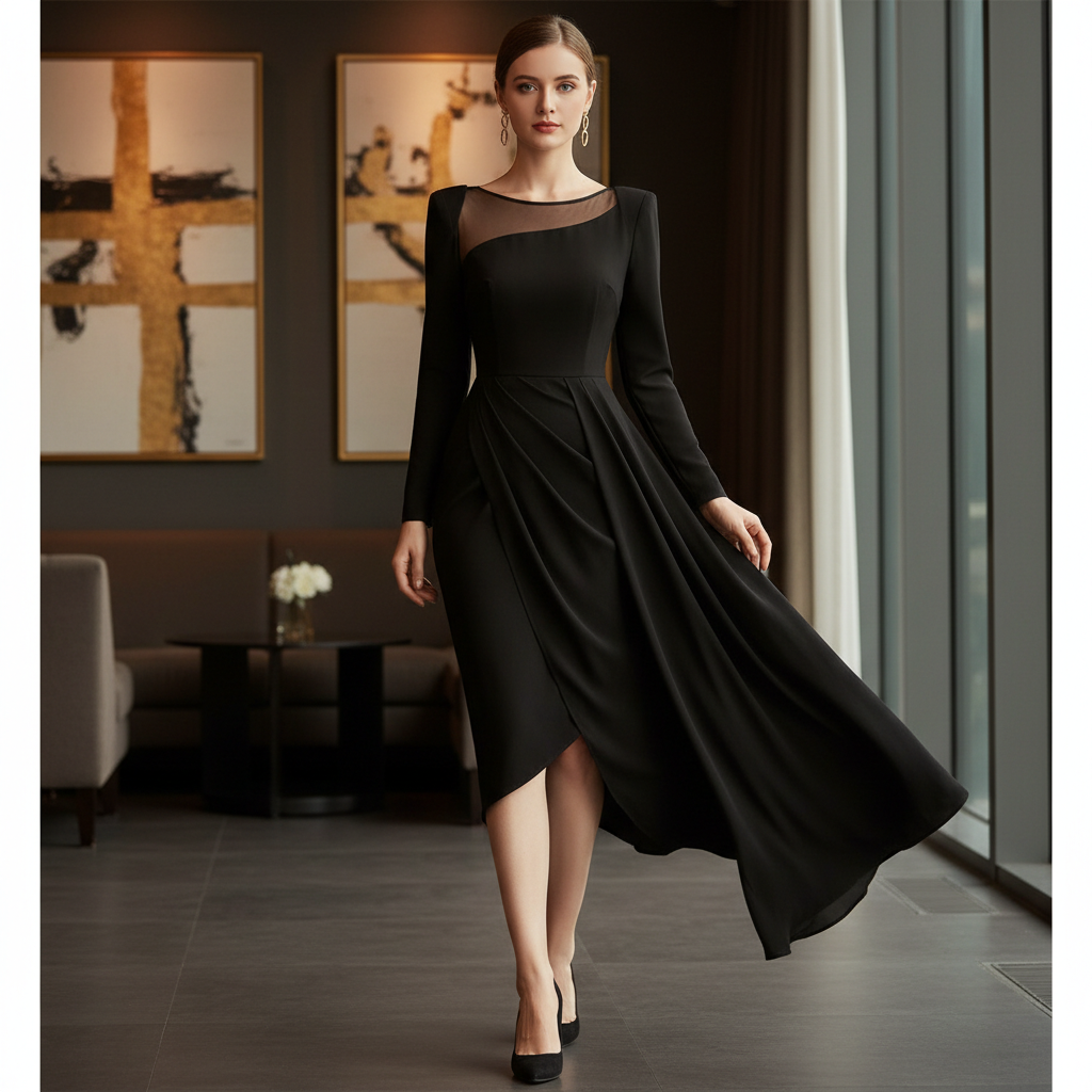 Woman in elegant cocktail dress in deep jewel tone, evening ambiance
