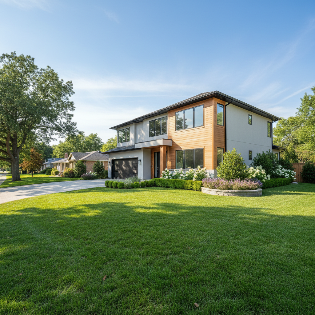 Modern two-story home white stucco blue sky landscaped yard afternoon light