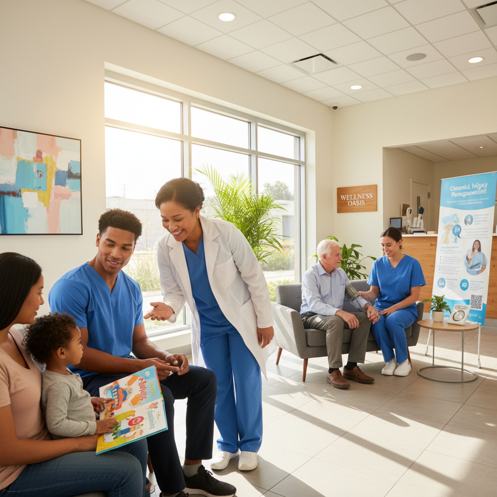 Doctor reviewing patient charts in a modern clinical office, clean white environment, bright overhead lighting, focused medical professional