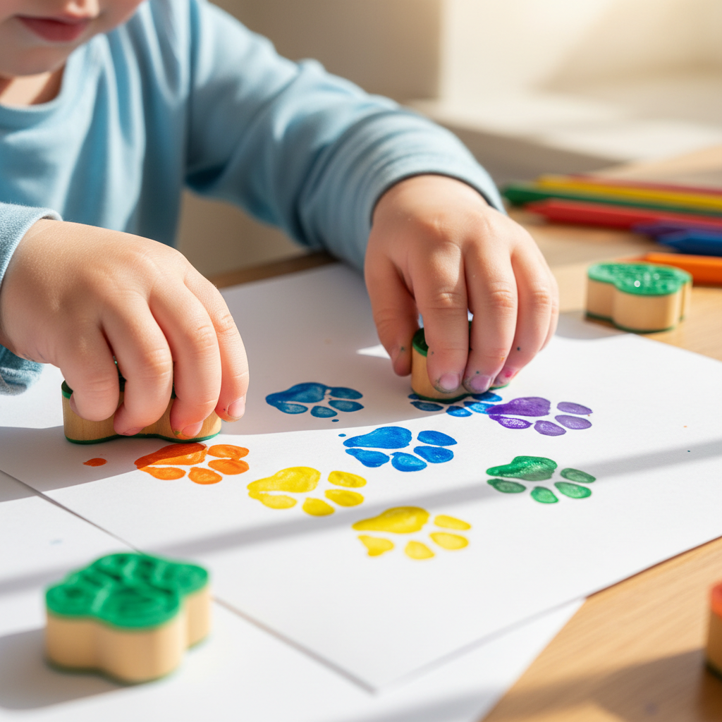 Child using colorful rubber stamps to create animal prints on white paper at a craft table