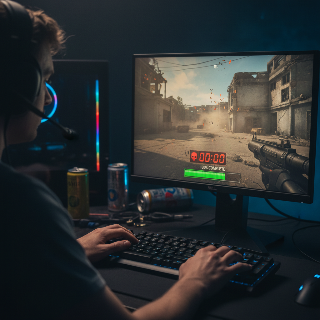 Dark gaming monitor showing first-person shooter game with red crosshair, dim atmospheric room