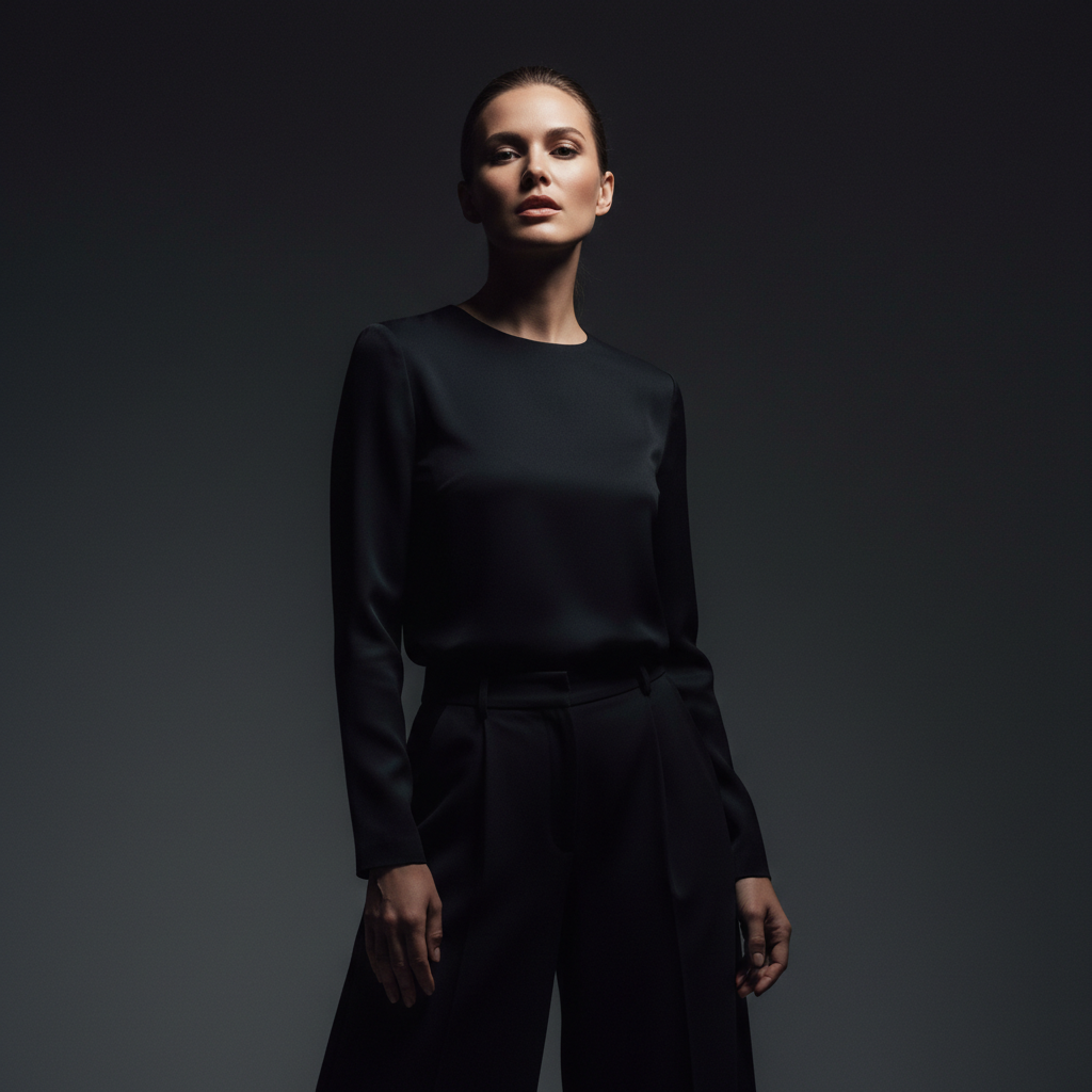 Fashion lookbook editorial, female model, statement outfit, dark moody studio