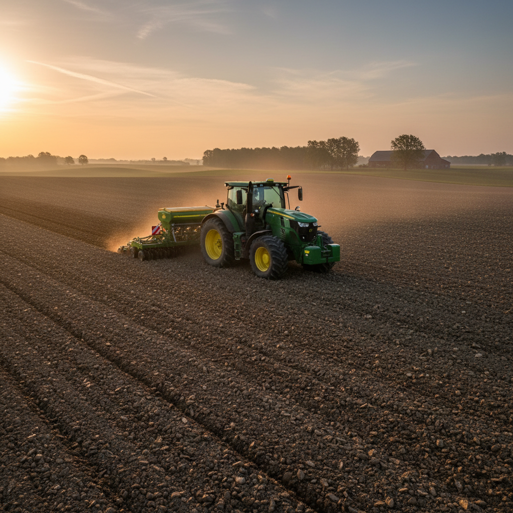 Tractor planting seeds in a wide open field at dawn