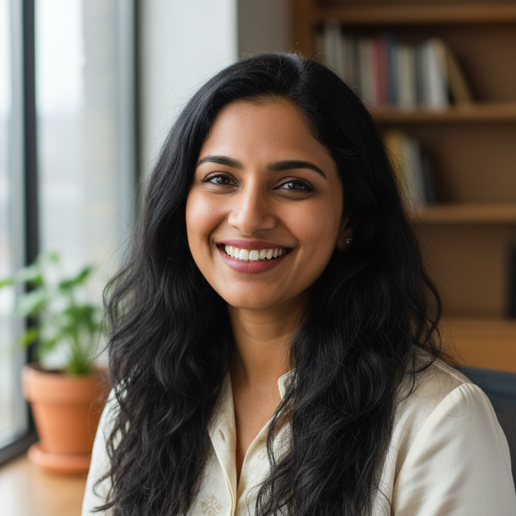 Professional headshot of Indian woman with long black hair in teal business attire smiling professionally