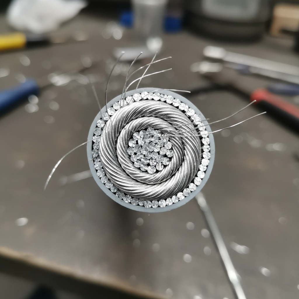 Close-up of aluminum alloy wire rod cross-section showing metallic grain structure, industrial setting