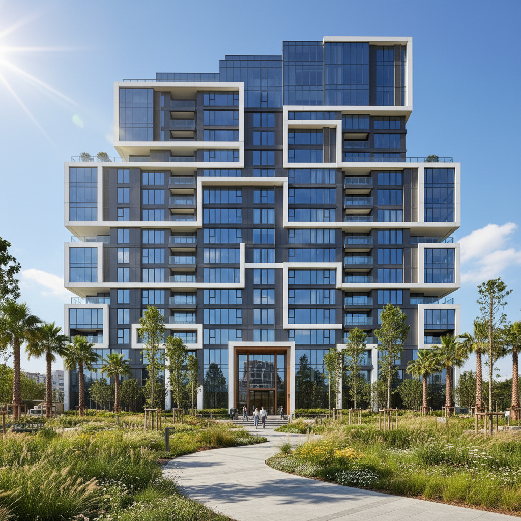 New construction apartment building with modern facade and green surroundings