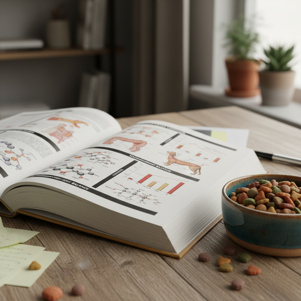 Open veterinary nutrition textbook beside a ceramic bowl of balanced pet food on a linen surface