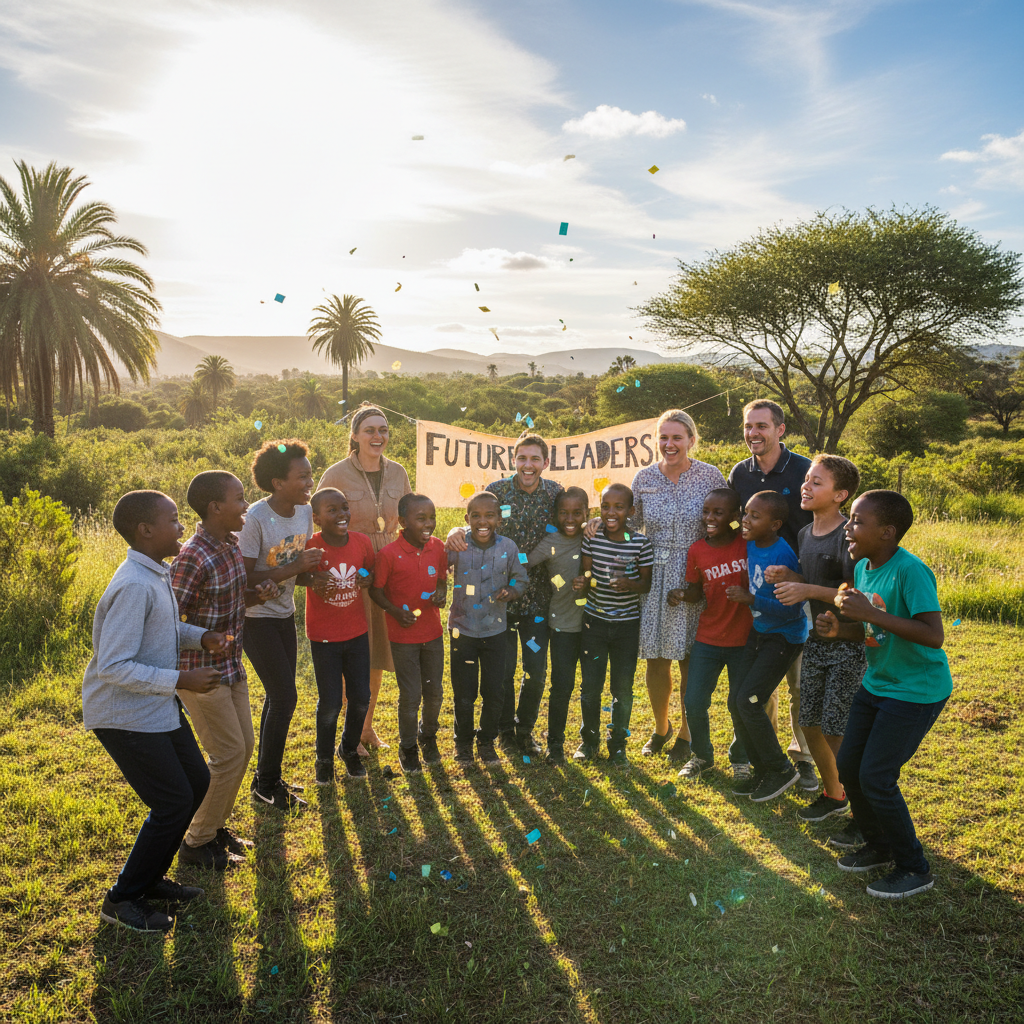 Diverse group of young South African volunteers and learners celebrating together outdoors, energetic and joyful, bright daylight
