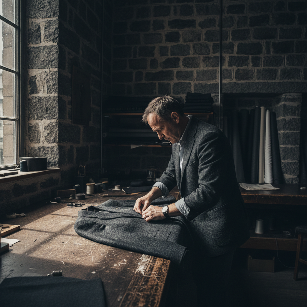 Tailor crafting custom garment with needle and thread in shadowy workshop, dark moody atmosphere, low key lighting