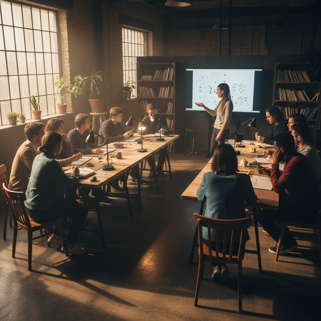 Group skills training in dimly lit community hall, warm shadows, low ambient light