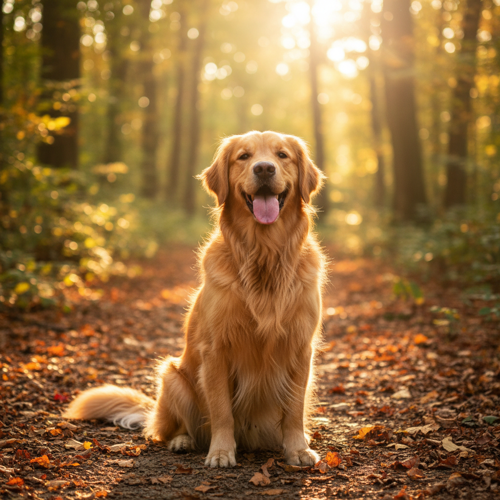 Golden retriever sitting happily in a park, warm afternoon sun, tail wagging
