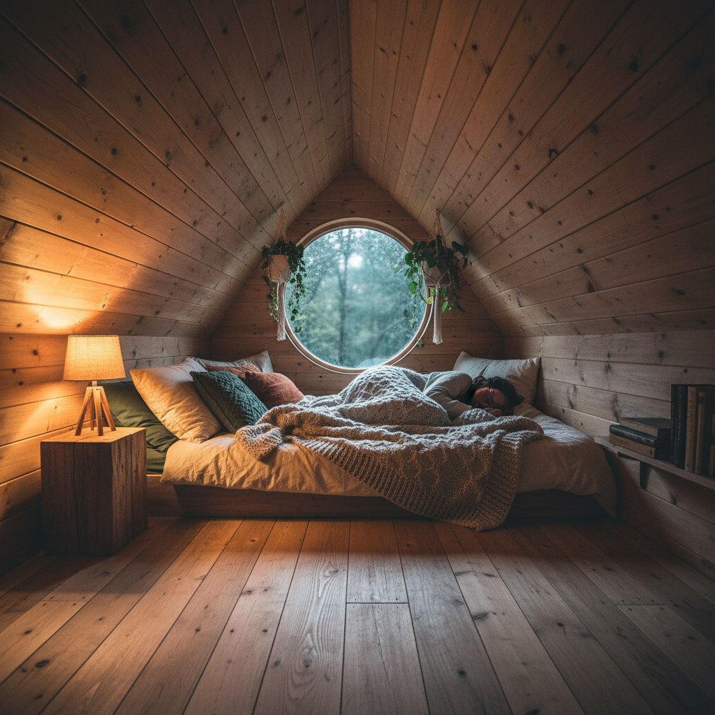 Cozy sleeping loft in a tiny house with natural wood ceiling and warm lamp light