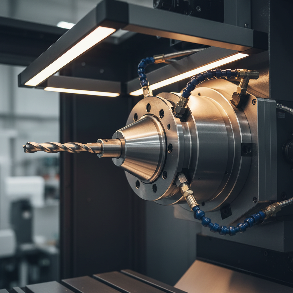 Mill MV-5X spindle assembly close-up, CAT-50 taper interface, coolant-through tooling, architectural lighting
