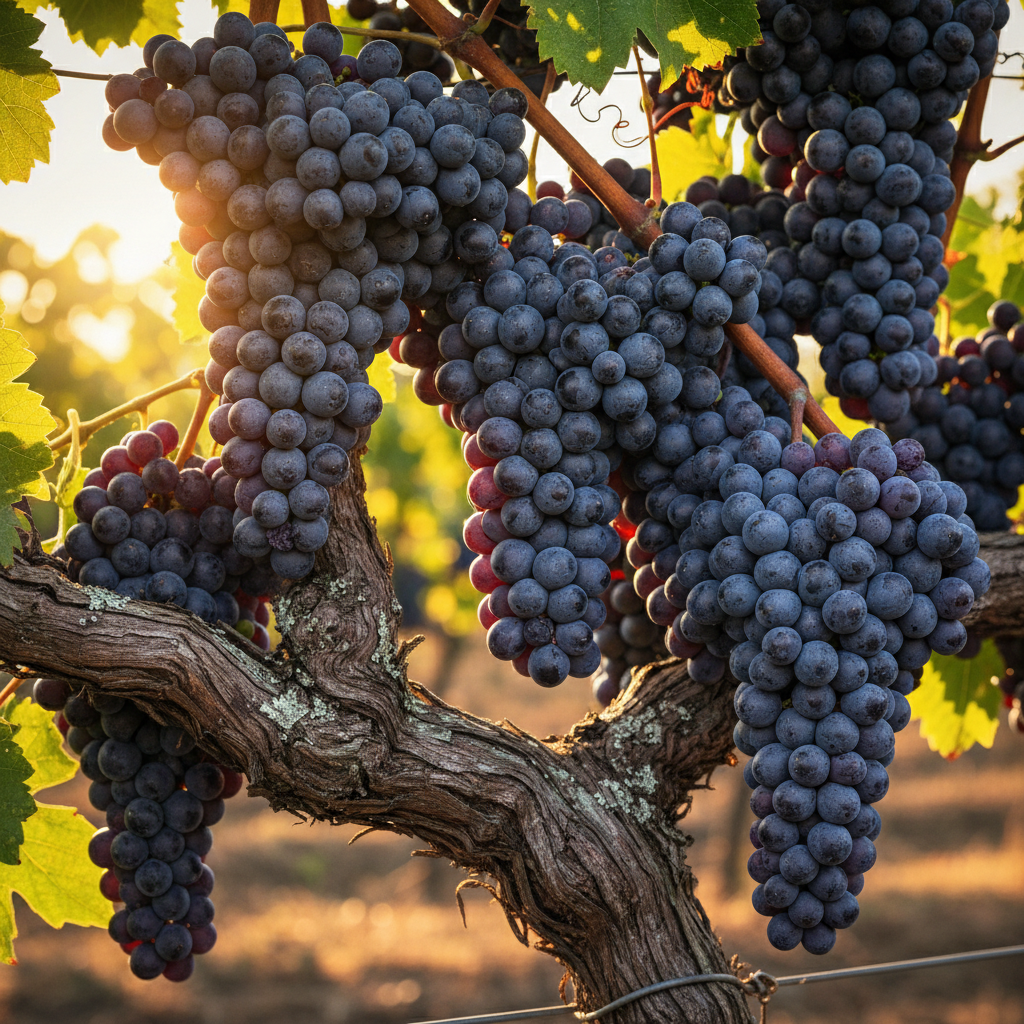 Close-up of ripe Cabernet Sauvignon clusters on old vine at harvest in Napa Valley vineyard