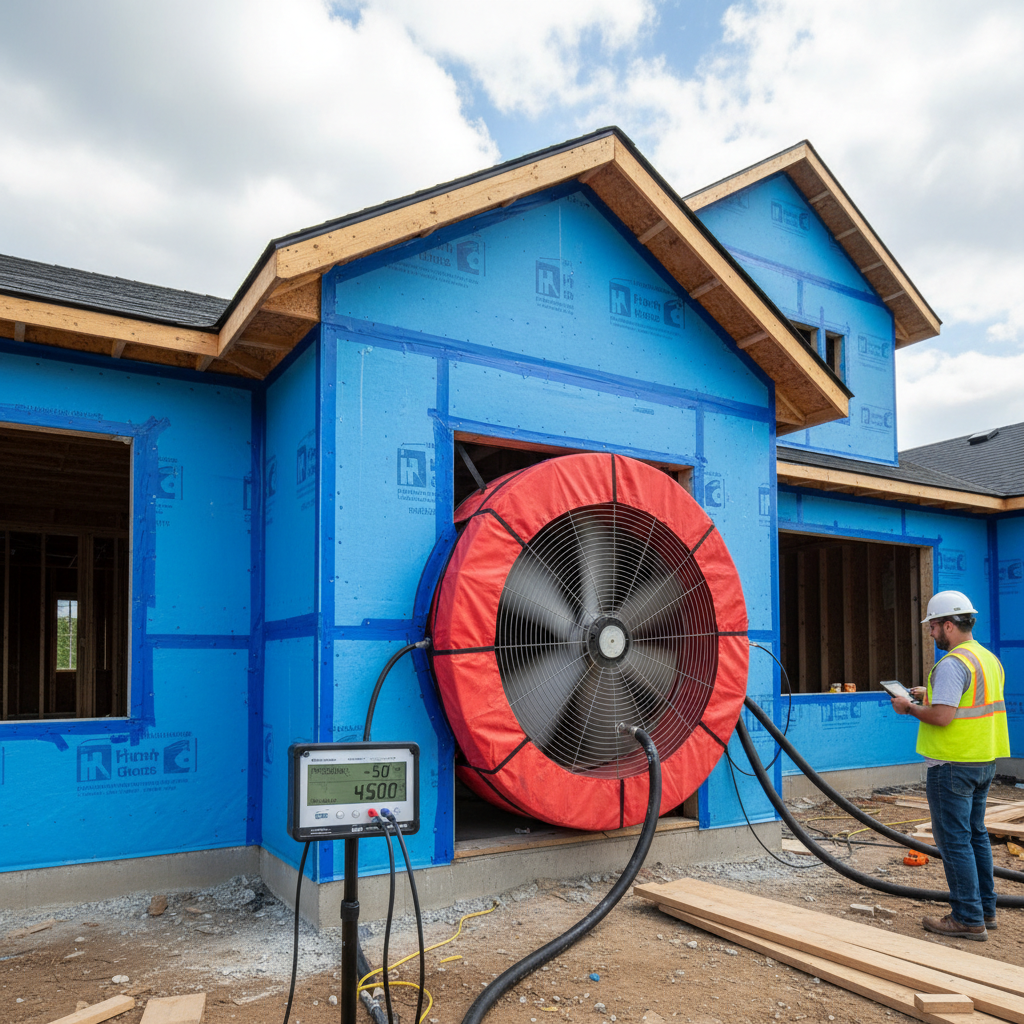 Technician conducting blower door test with pressure gauge equipment in a completed insulated home