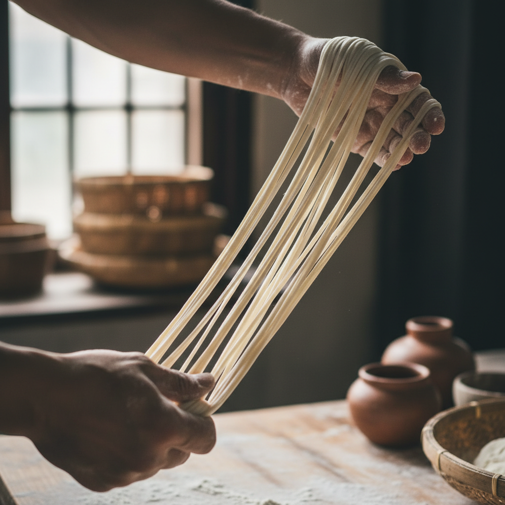 Hand-pulled la mian noodles mid-stretch, long elastic strands catching warm kitchen light