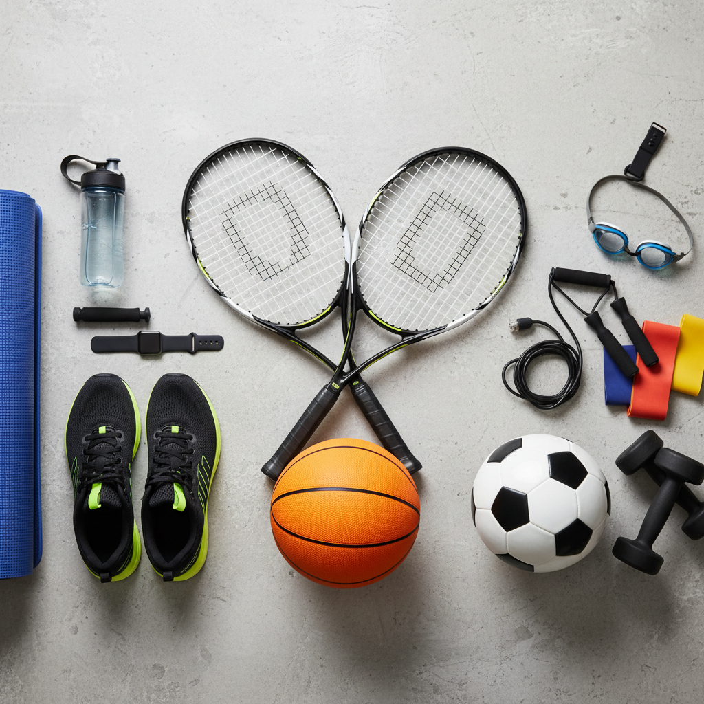 Sports equipment and gear on bright white background