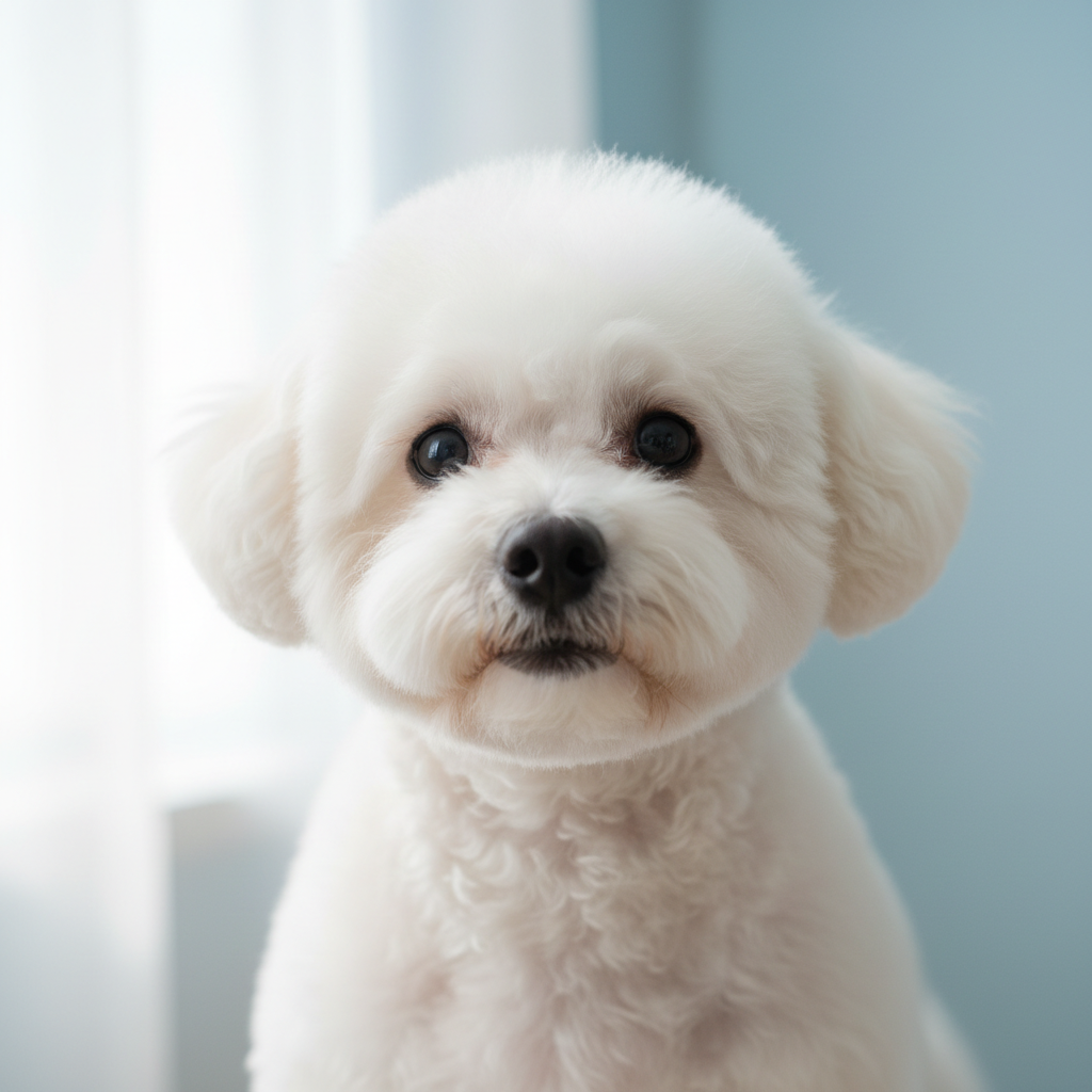 White Bichon Frise with perfectly round fluffy show coat on white background