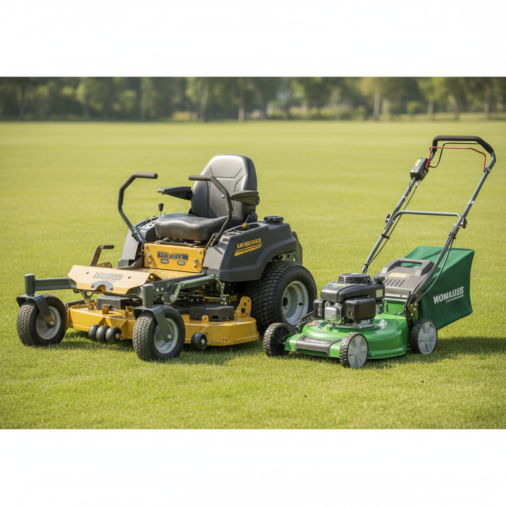 Side-by-side comparison of commercial and residential lawn mowers