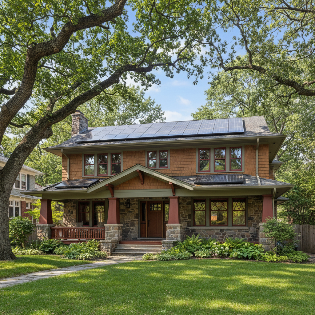 Two-story craftsman home in Ridgewood Heights with 24 panels on dual-pitch roof, mature oak trees in yard