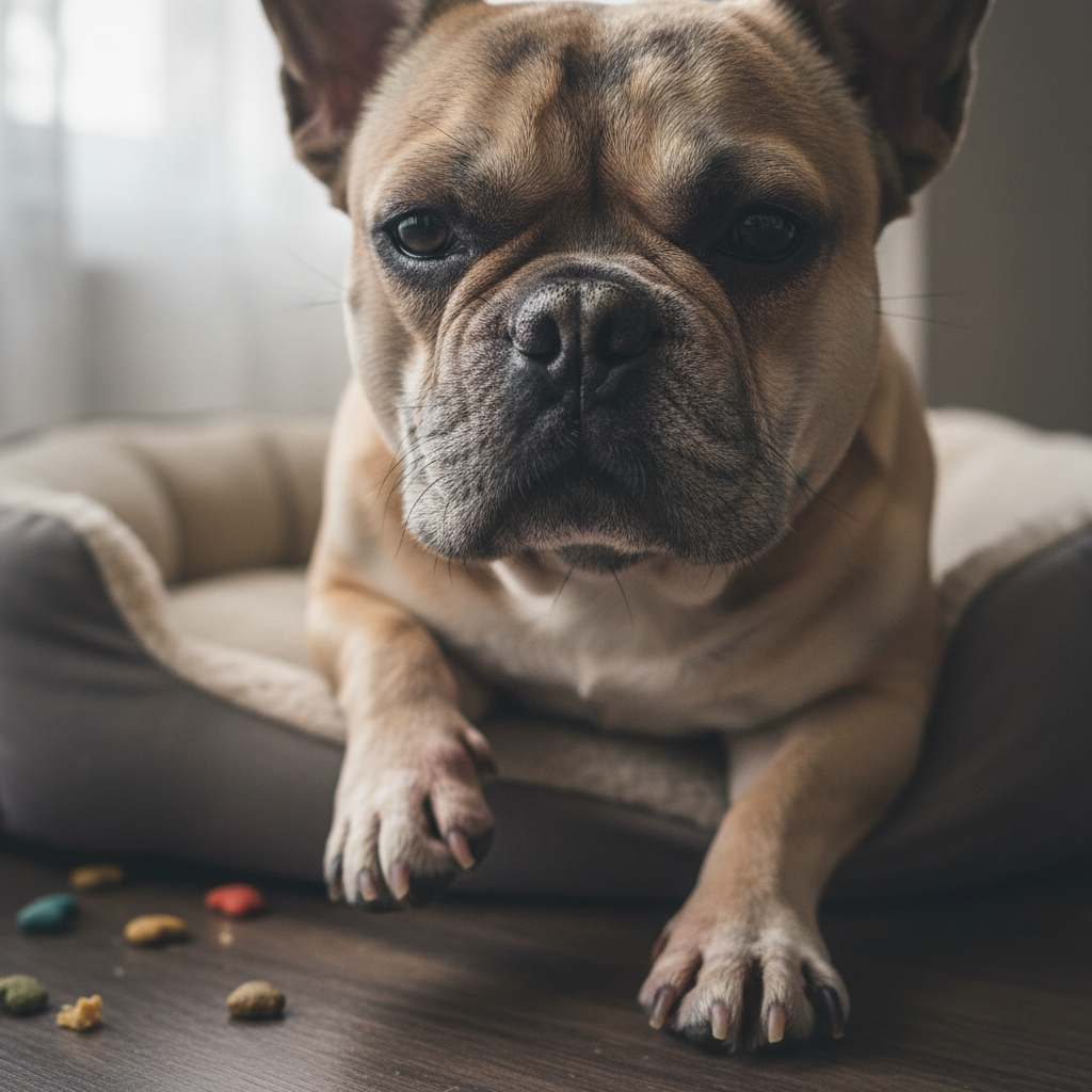 Meatball the French Bulldog with dull coat and irritated paws before diet change