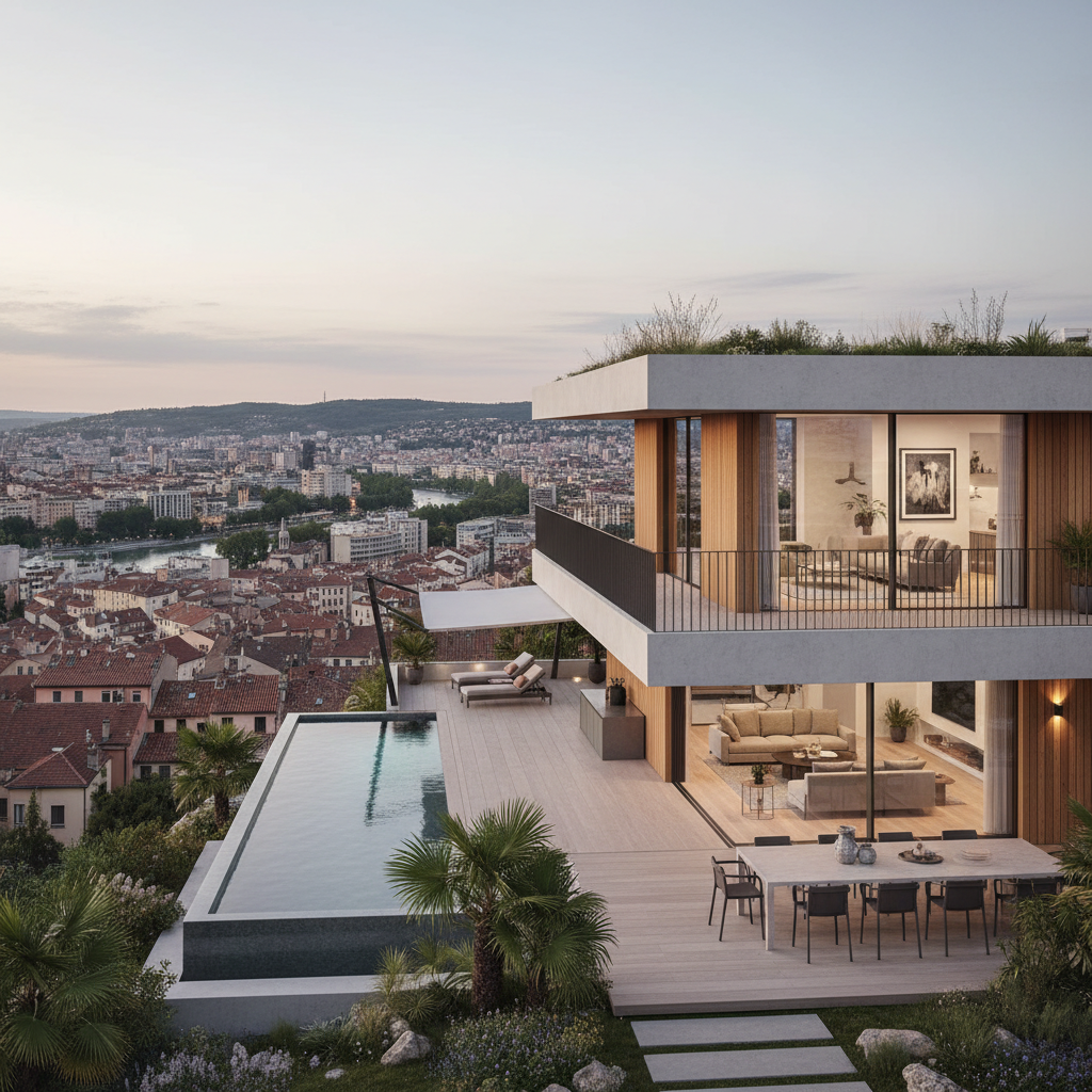 Modern urban luxury villa with rooftop pool and panoramic city skyline views at night