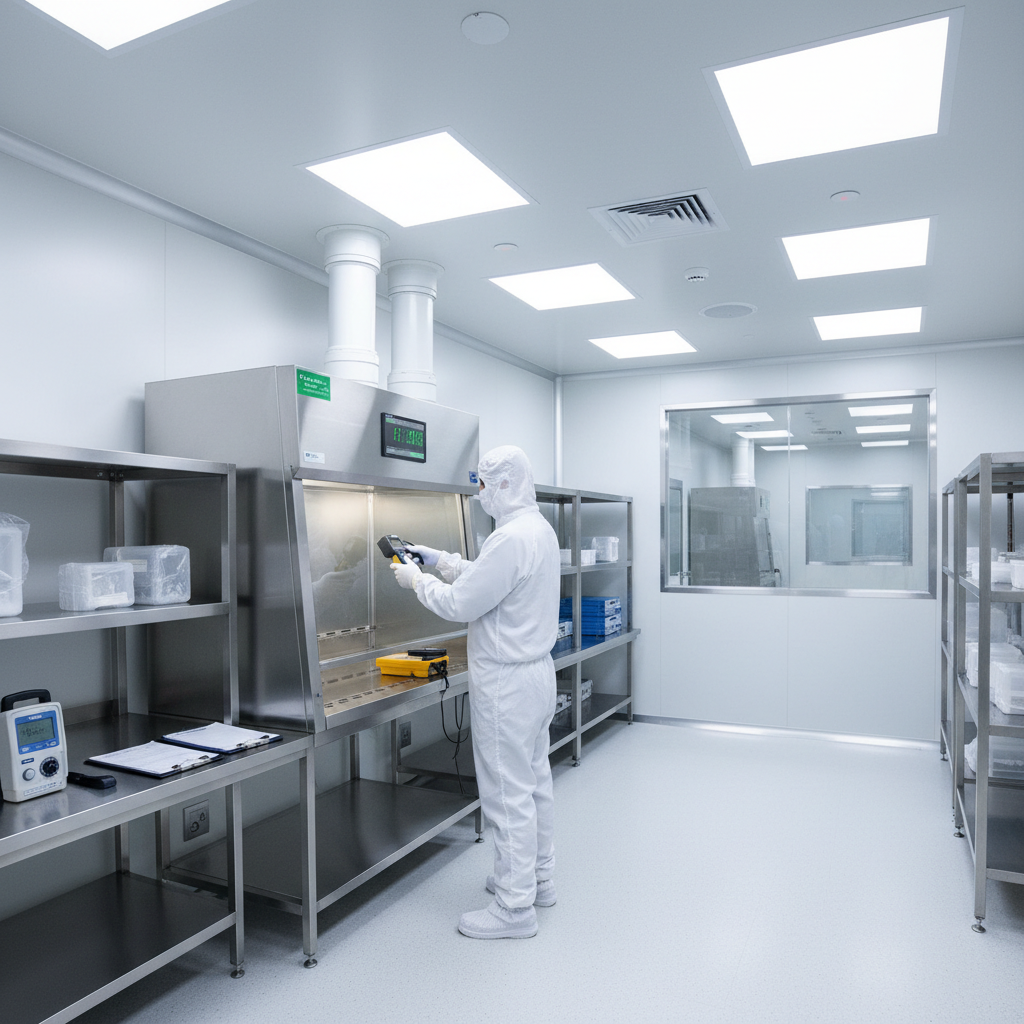Cleanroom validation testing showing particle counter equipment, airflow measurement devices, and technician performing ISO 14644 compliance verification with detailed documentation
