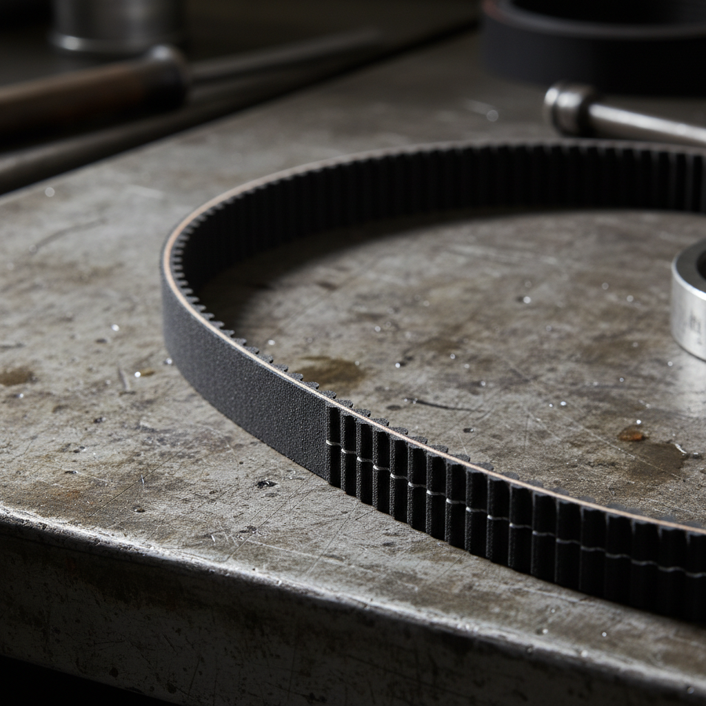 Precision timing belt and pulley drive system on dark metallic surface, synchronous power transmission components
