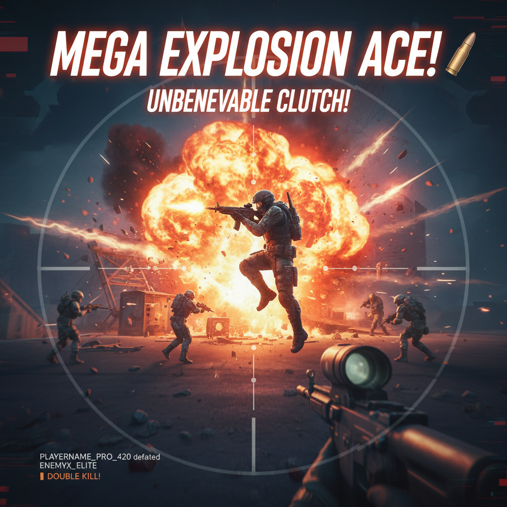 Gaming highlight thumbnail showing intense FPS gameplay moment with explosion effects