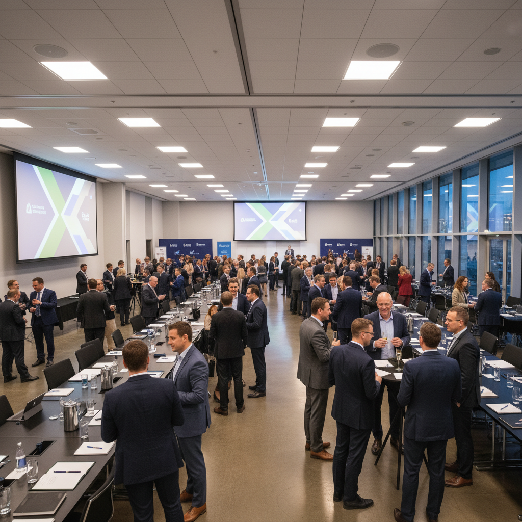 Professional networking event with guests standing and conversing at corporate gathering