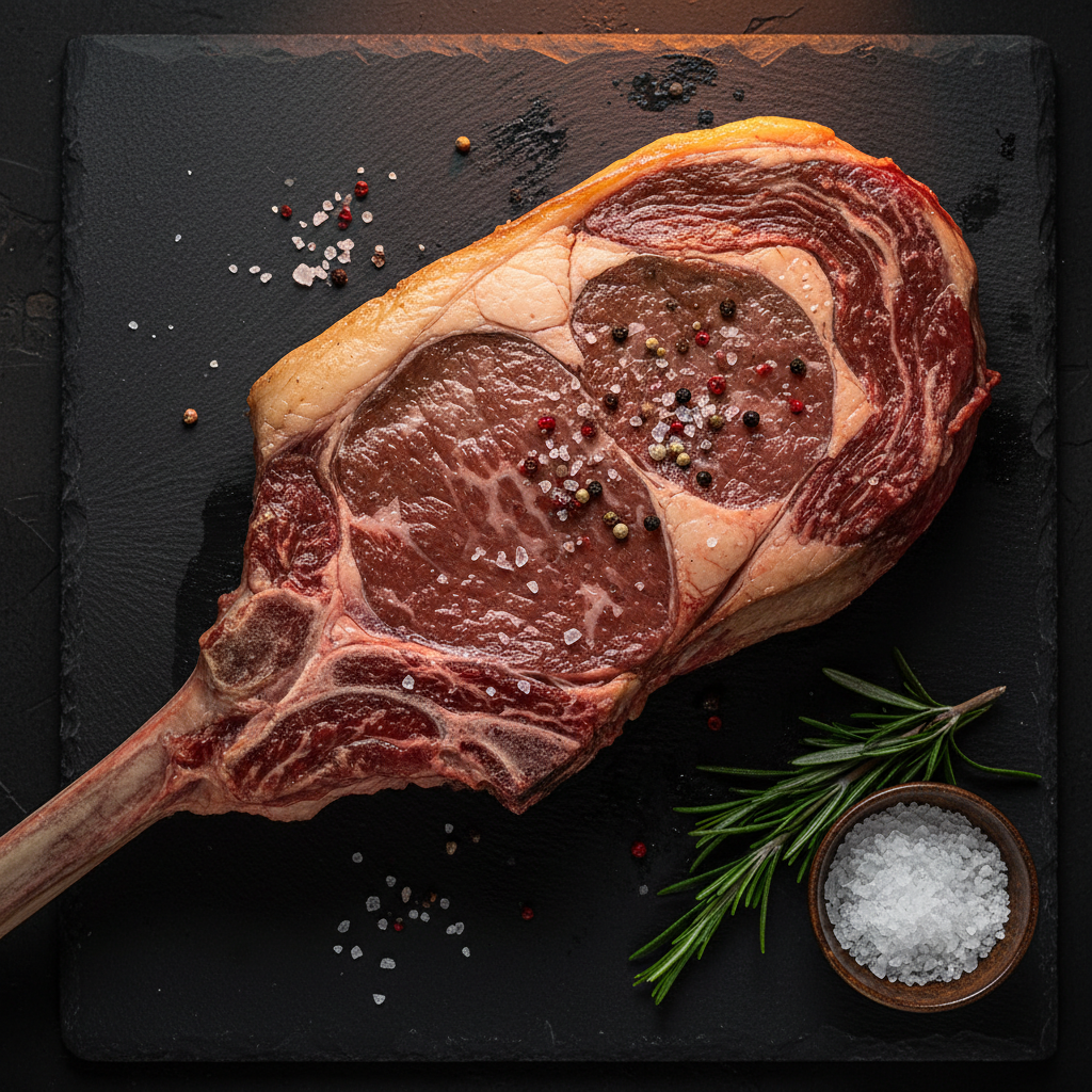 Perfectly seared dry-aged ribeye steak on dark slate plate, restaurant table, warm amber lighting