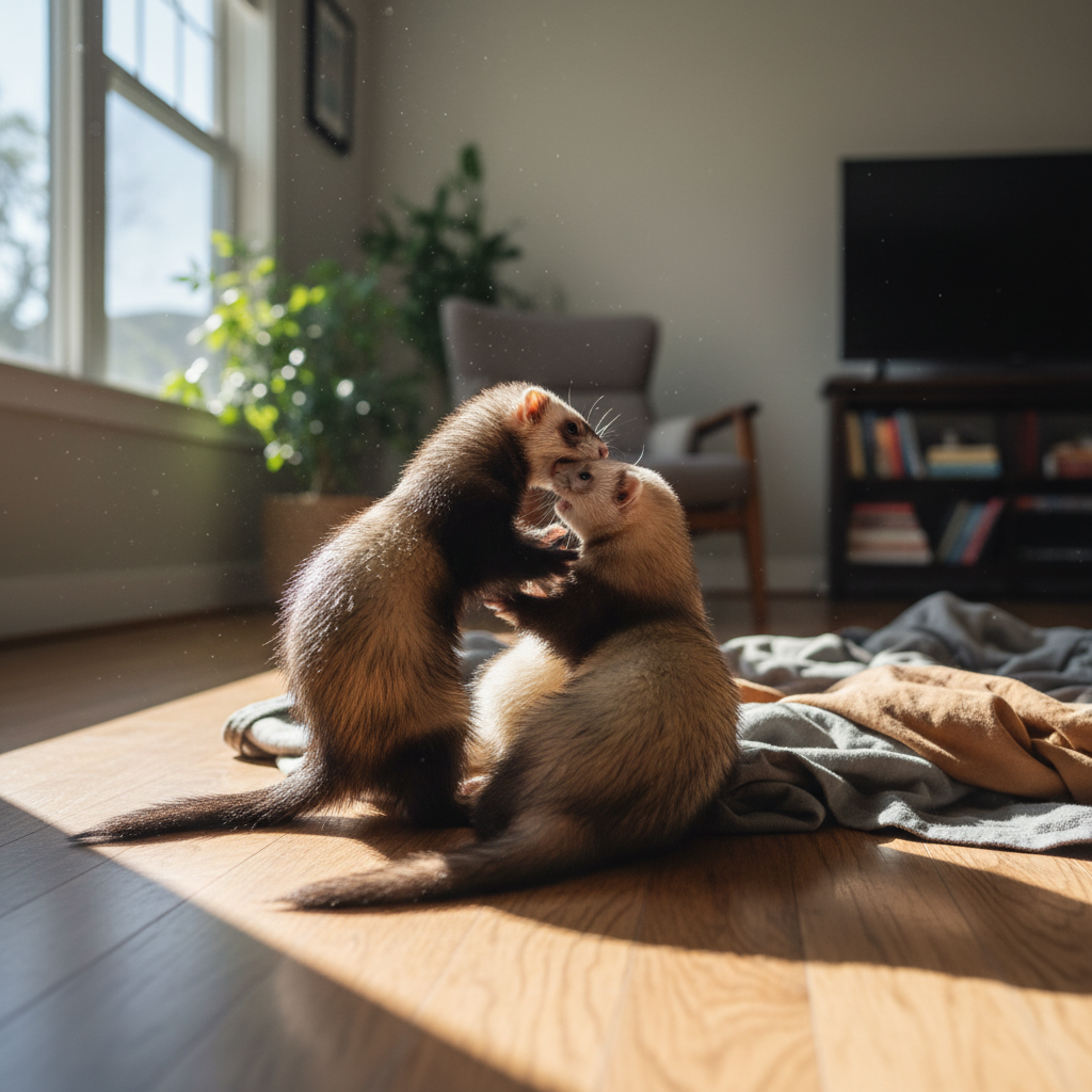 Pretzel and Biscuit the ferret siblings tangled together mid-play, sable and champagne coats intertwined in motion blur