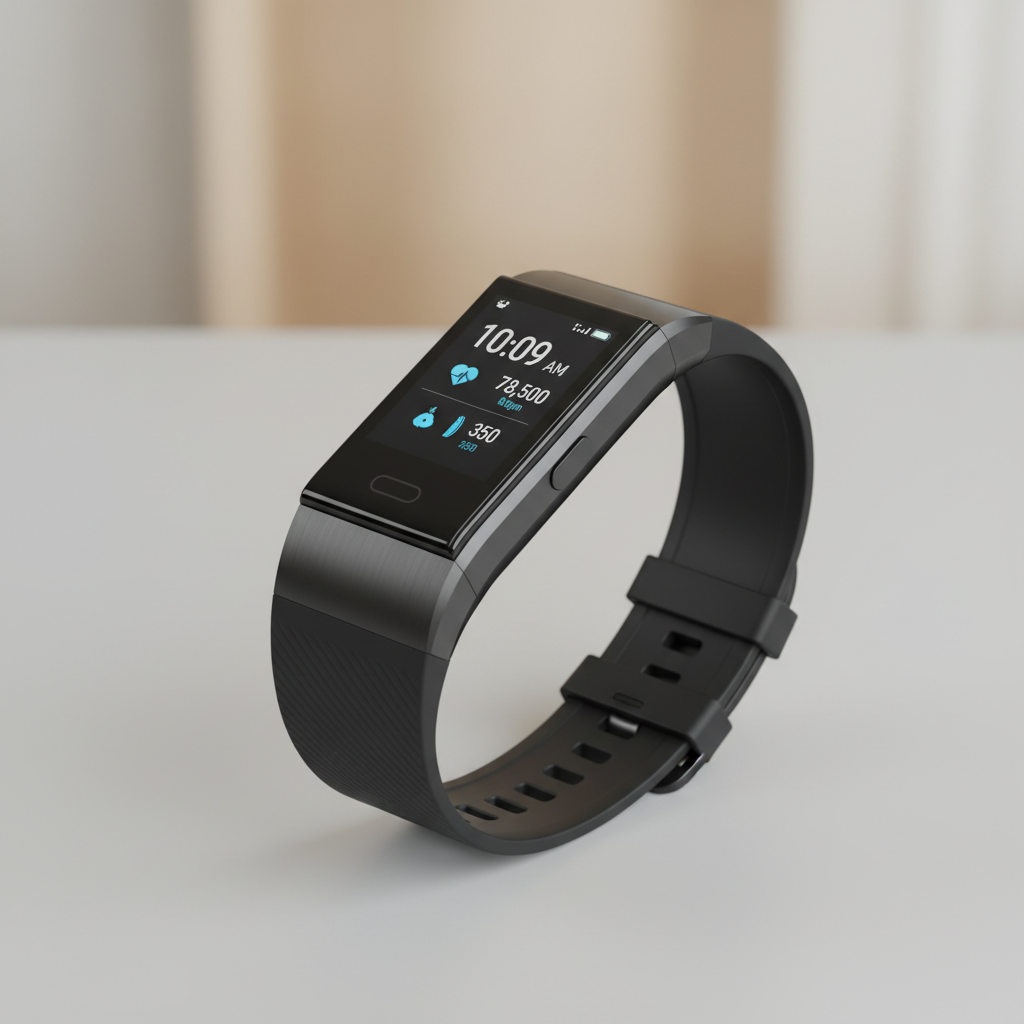Black fitness tracker smartwatch showing heart rate on wrist