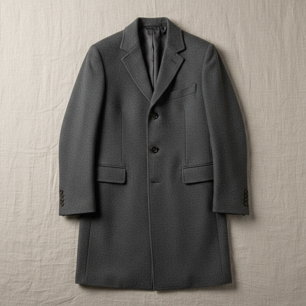 Double-faced cashmere overcoat in charcoal grey, detail of lapel and horn button