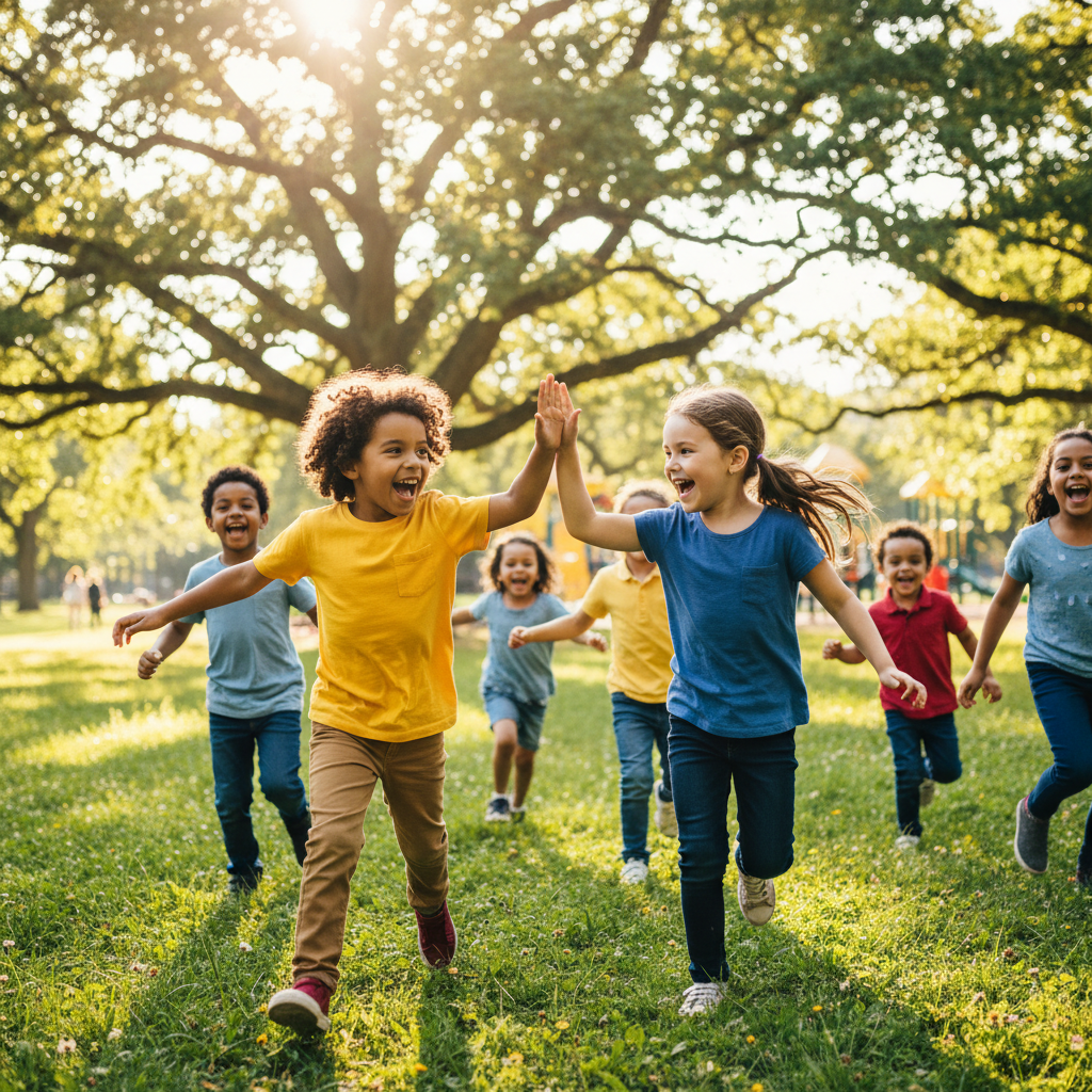 Happy diverse family outdoors in park setting, parents with children, warm afternoon sunlight, genuine smiles, financial security and protection theme