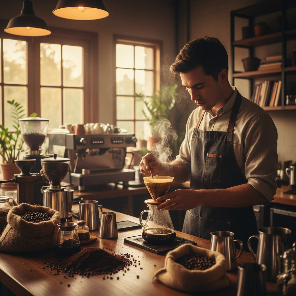Barista hands carefully pouring water over coffee in pour-over dripper, steam rising, very dark cafe interior, warm backlit amber glow