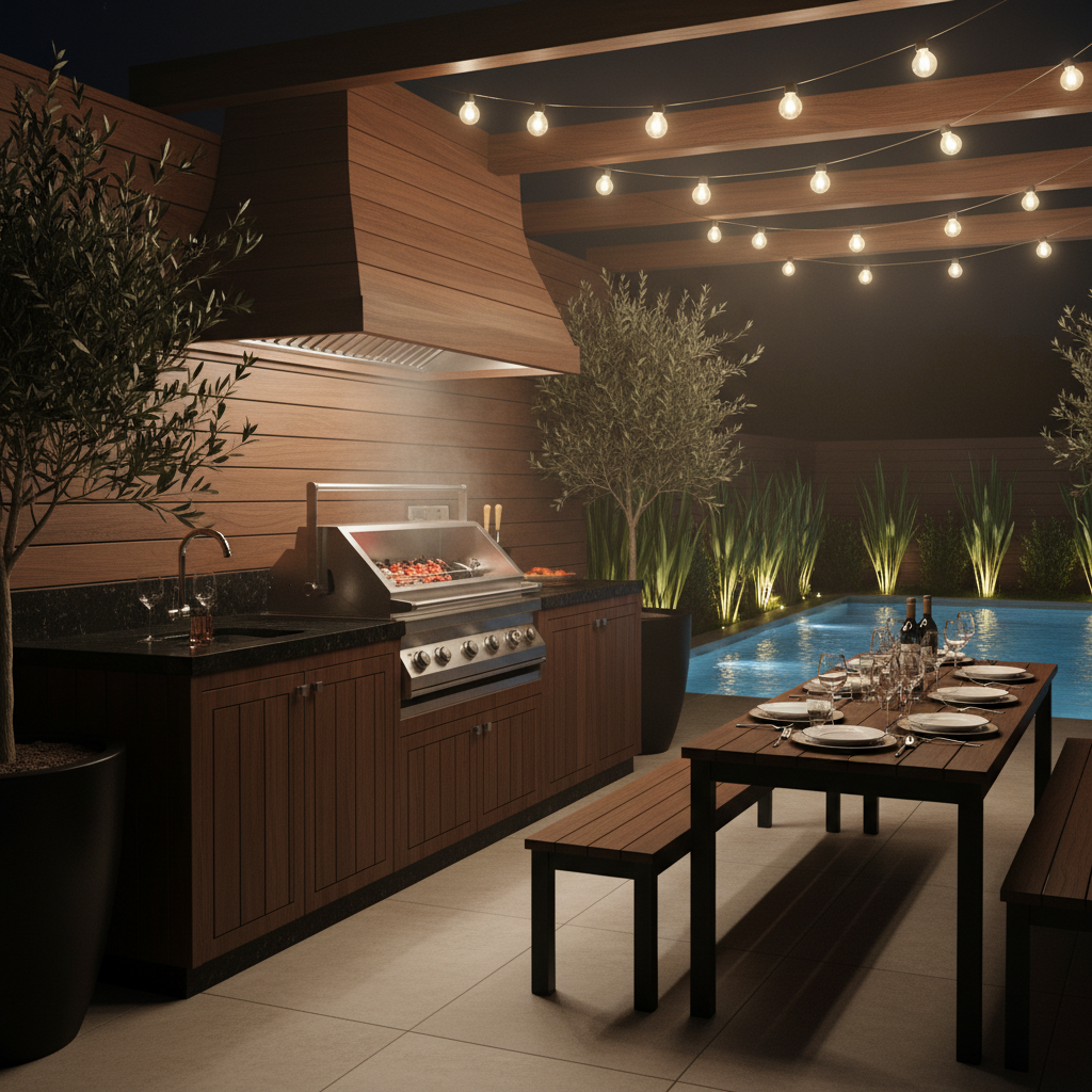 Área gourmet planejada premium com churrasqueira embutida e acabamento em madeira escura, ambiente noturno sofisticado