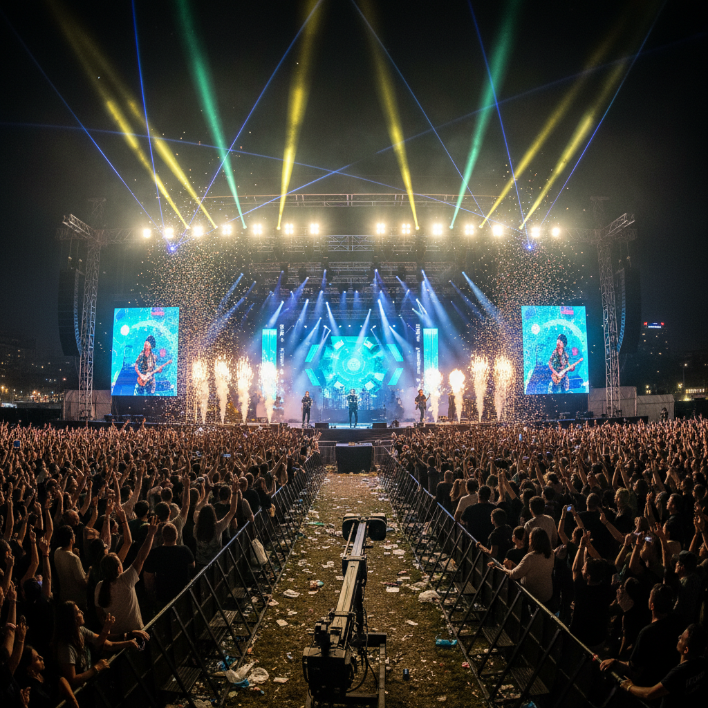 Massive outdoor concert stage at night with pyrotechnics and thousands of audience members