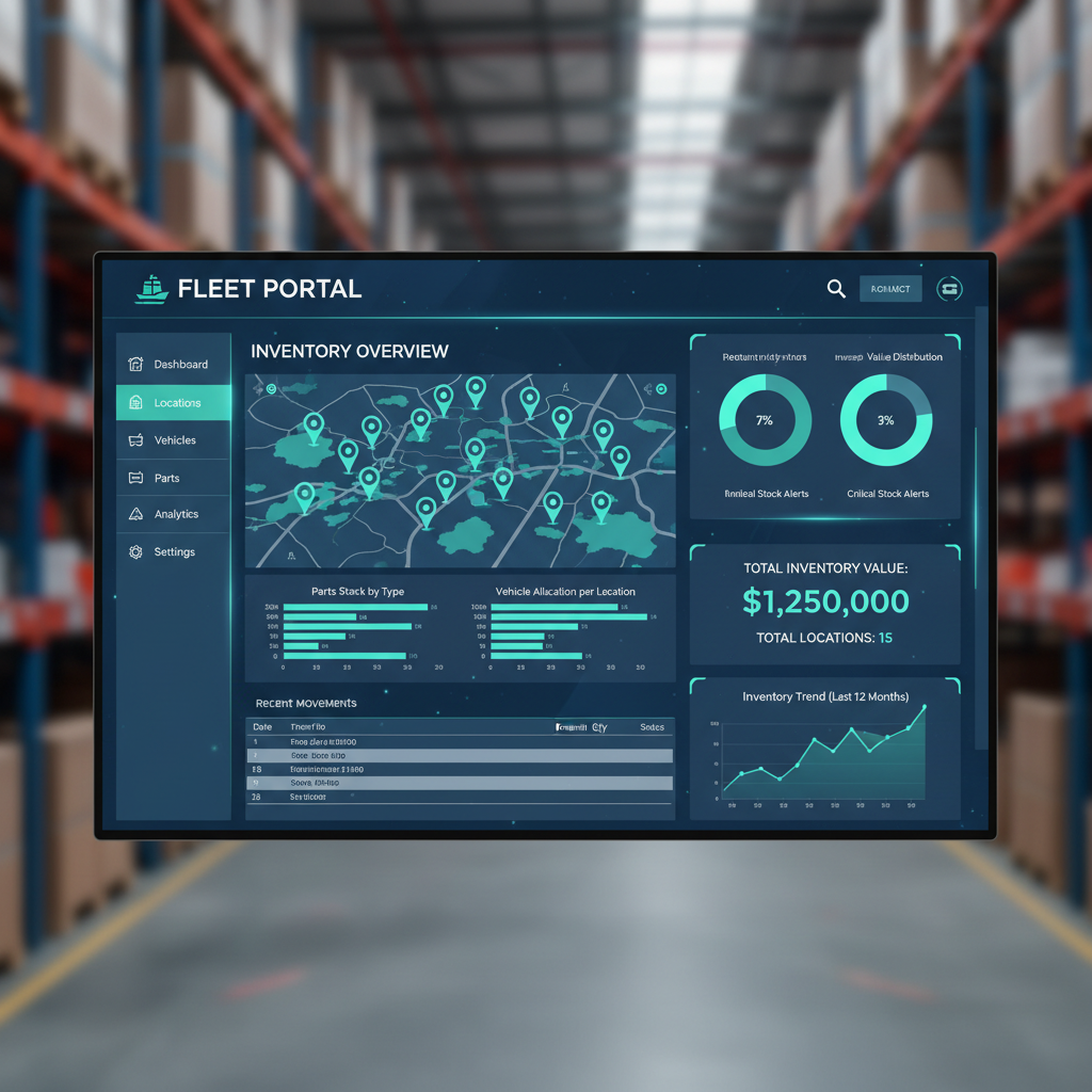 Fleet portal dashboard showing multi-location inventory management with analytics charts