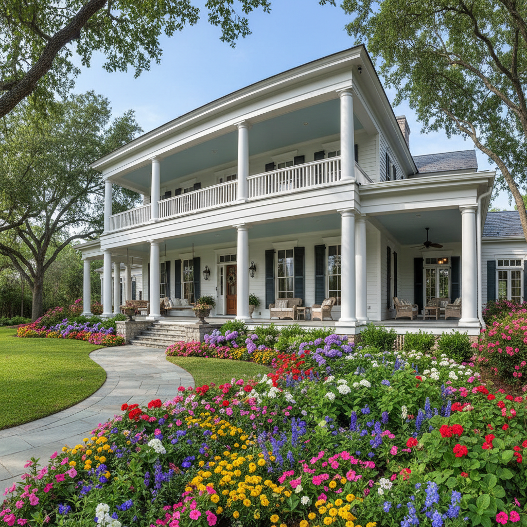 Luxury white two-story estate home with grand entrance and manicured landscaping in Windermere Florida