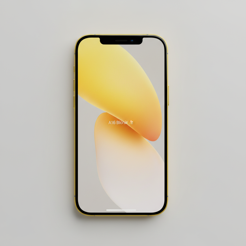 iPhone 15 in yellow color photographed from front angle on light surface