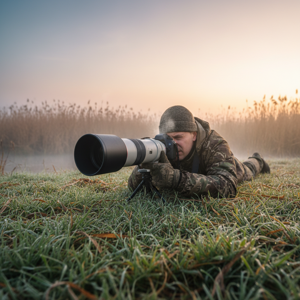 Photographer lying belly-down in wet grass with large telephoto lens, breath fogging the viewfinder, reed bed in background at dawn